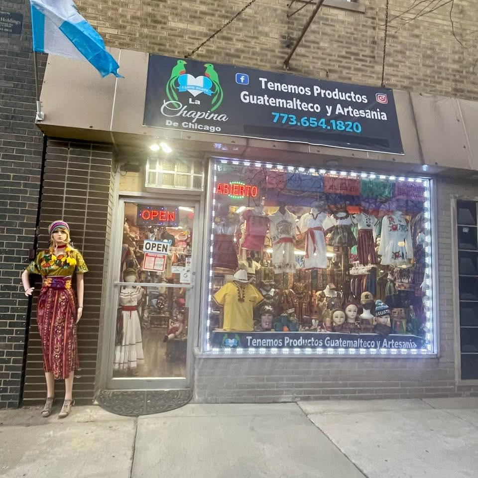 La Chapina De Chicago store front with traditional Guatemalan dress display